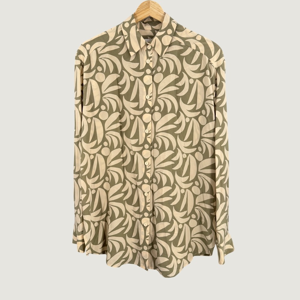 Matteau 100% Silk Printed Button Front Blouse Top US Size 4 Abstract Green Print